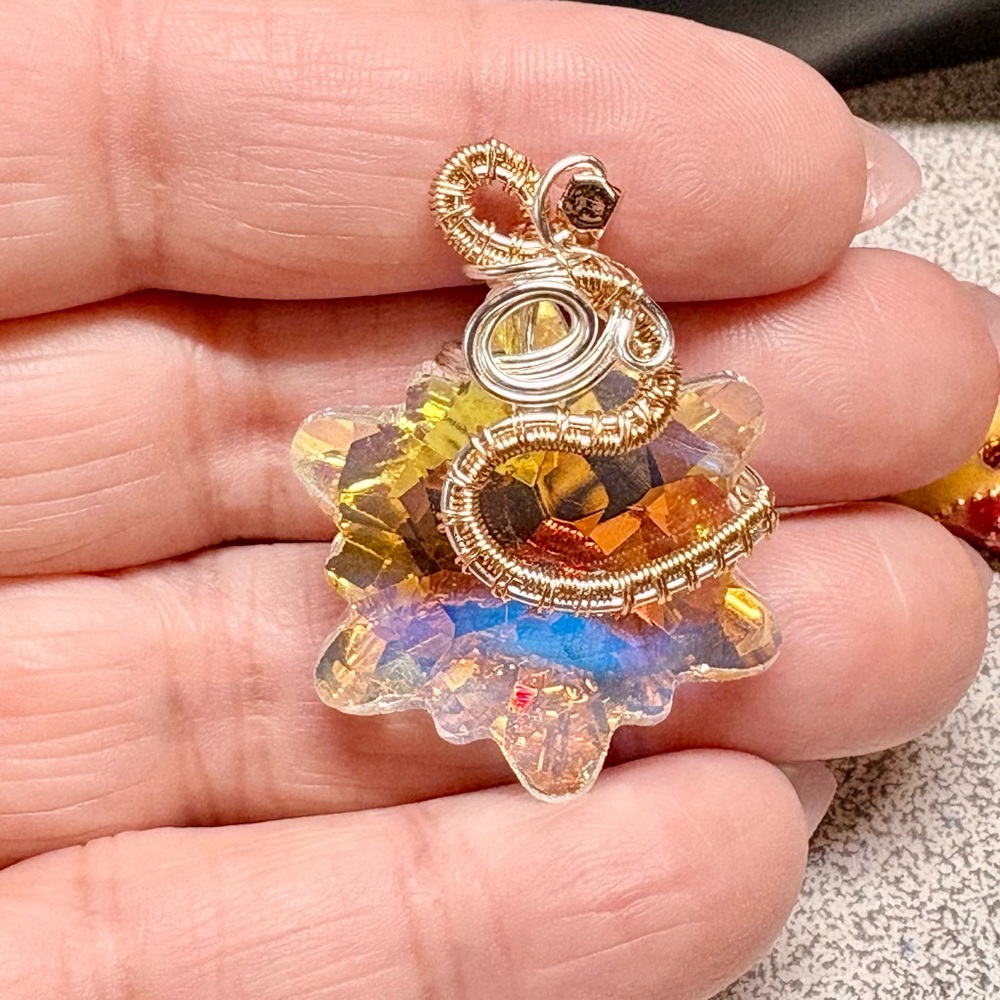 Gold and Silver Wire Wrapped SNOWFLAKE Crystal Pendant